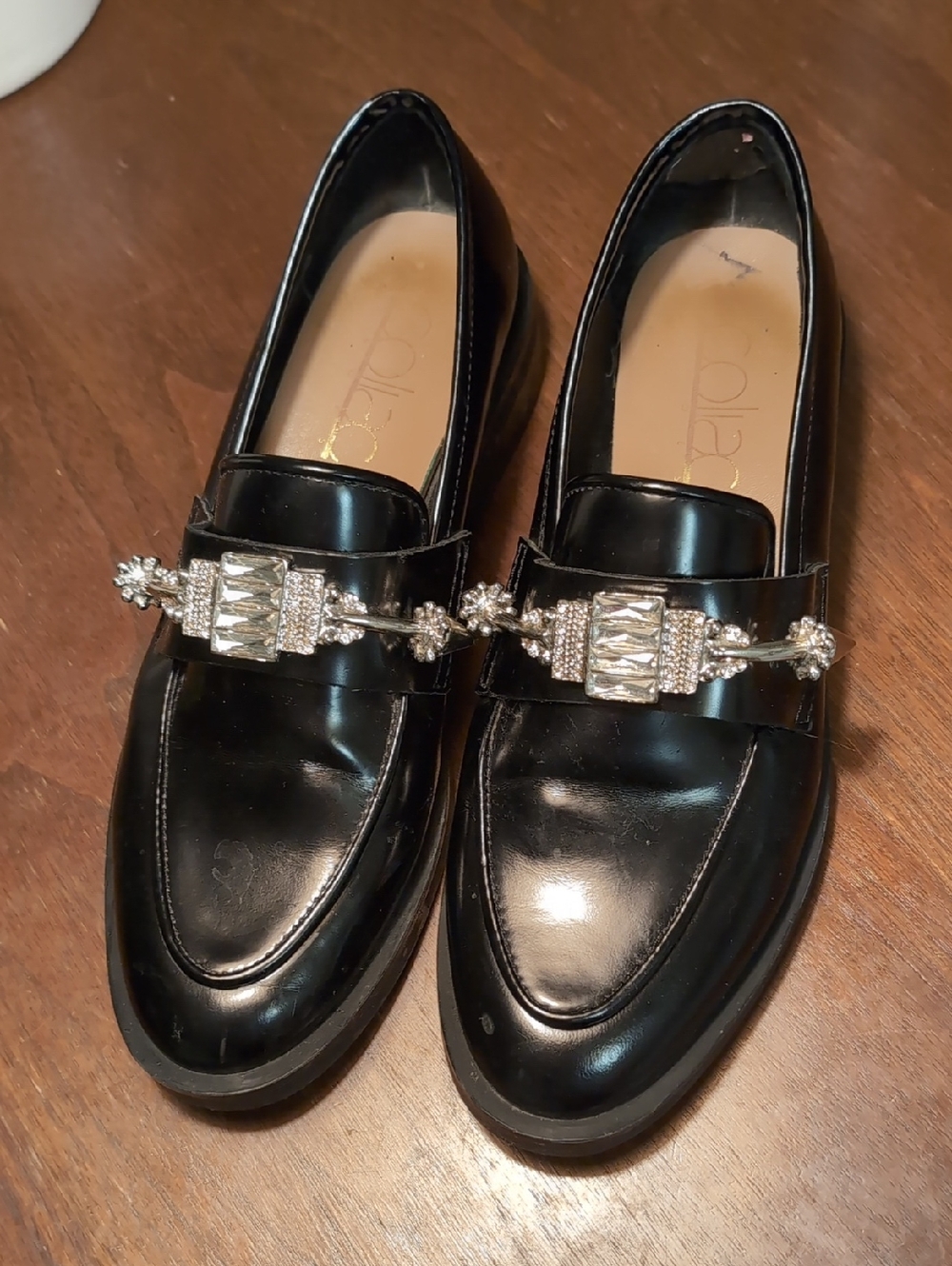 Black Patent Loafers with Silver Crystal Chain Accent